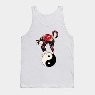 JAPANESE CAT WITH DRAGON RED DEVIL TATTOOS ON YIN YANG SYMBOL Tank Top